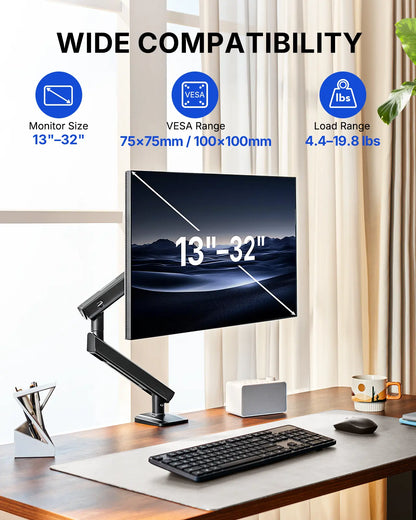 Flowlift Pro Upgrade Single Monitor Arm – Black, 13-32" Screen, 19.8Lbs Capacity, Mechaspring Technology, Instamount, Locksteady, Precisionview – Smooth & Adjustable Setup for Gamers and Professionals