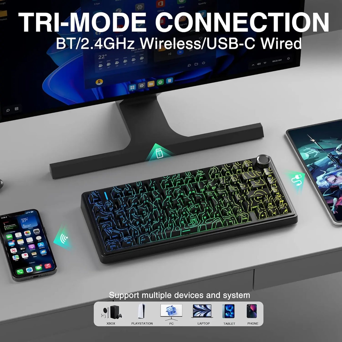 [New]Aula F75 HE Magnetic Switch Custom Creamy Gaming Keyboard, 75% Wireless Hall Effect, Rapid Trigger, 8000Hz Polling Rate, Adjustable Actuation, RGB Backlit Hot Swappable BT/2.4G/USB-C Fps Multi-Device Keyboard for PC Gamer, Pc Gaming Setup