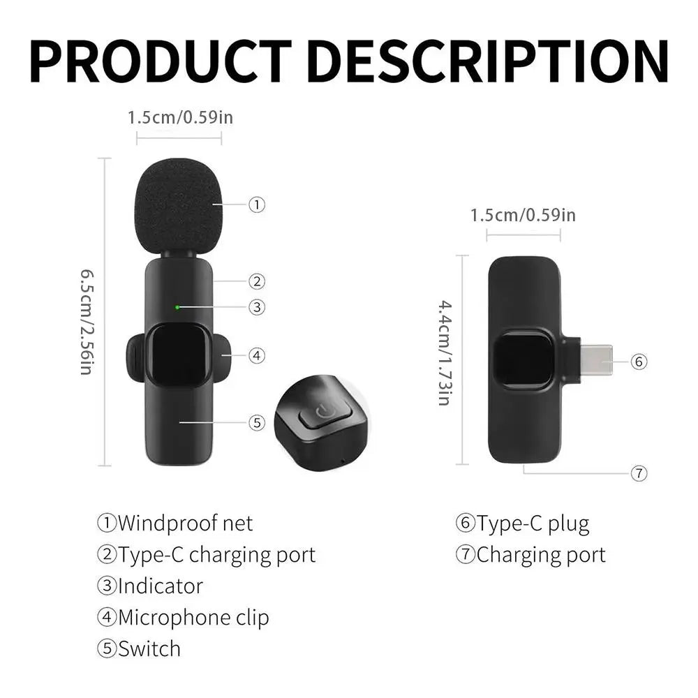 Wireless Microphone, USB Rechargeable Wireless Lavalier Microphone with Noise Cancellation, Microphone for Video Recording, Podcasting, Vlog, Live Streaming, Audio